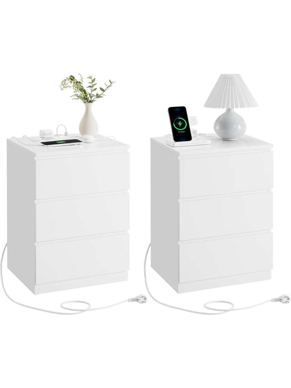 Zestaw 2 stolikow nocnych z 3 szufladami, gniazdami AC i portami USB, nowoczesne szafki do sypialni lub salonu, bialy kolor